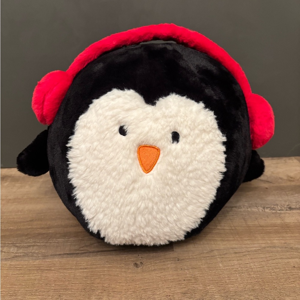 cupcakes & cashmere Black and White Penguin Plush with cozy Earmuffs